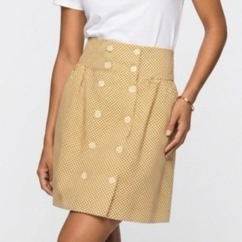 Comme Toi Polka Dot Skirt Women L Yellow Linen Blend Double Breasted Mini Pocket